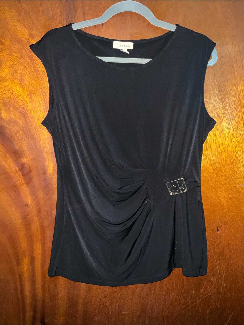 Calvin Klein Black Sleeveless Gathered Front Top with CK Buckle